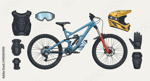 Mountain bike and protective gear set illustration for downhill riding, with a full-suspension bicycle, helmet, body armor, goggles, gloves, and pads isolated on a light background