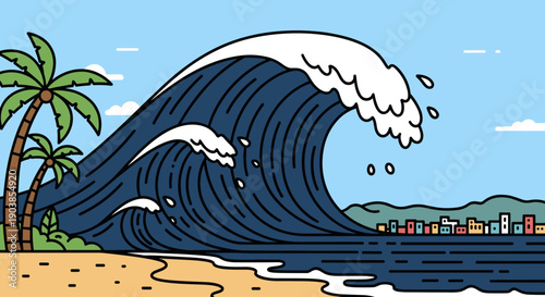 Giant blue tsunami wave illustration with white foam is about to hit a small coastal town with a palm tree on the beach in a simple, graphic, and dramatic cartoon style