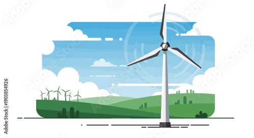 Wind turbine farm on green hills, renewable energy and sustainable resources concept.