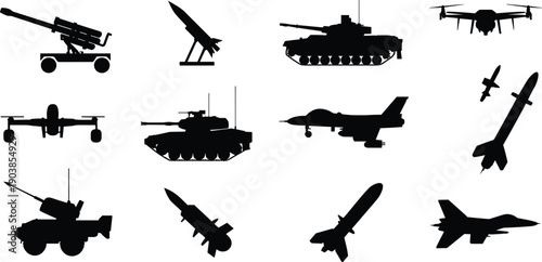 Comprehensive Set of Black Military Silhouettes Including Stealth Fighter Jets Armored Tanks Tactical Drones and Ballistic Missiles Isolated on White Background for Defense and Security Designs