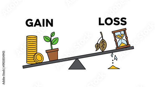 Gain and loss scale concept, financial profit vs time wasted, business balance illustration.