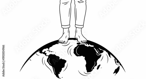 Human feet standing on earth globe, ecological footprint concept illustration.