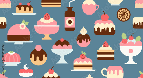 Seamless pattern of various sweet desserts including cakes, ice cream, and pastries in a cute flat design style with a retro color palette on a blue background