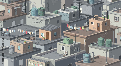 Dense urban rooftops illustration of a crowded city with water tanks, antennas, and laundry hanging on clotheslines, showing an isometric view of a poor neighborhood