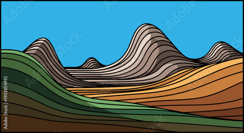 Graphic vector illustration of rolling hills and mountains created with layered contour lines in earthy tones against a bright blue sky in a minimalist, modern style