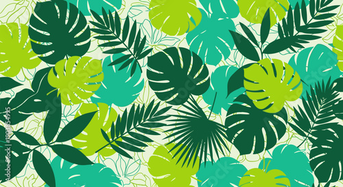 Seamless tropical pattern with green monstera and palm leaves in a flat vector style, creating a fresh, exotic jungle background for summer-themed designs and textiles