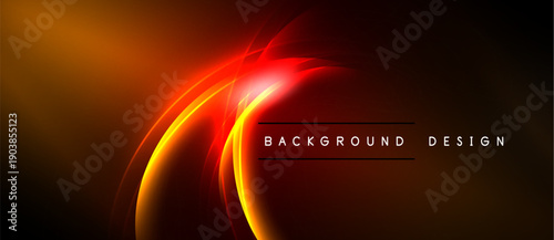 Abstract design features vibrant orange, red curves. Dark background creates dramatic visual effect. Modern aesthetic suitable for digital projects.