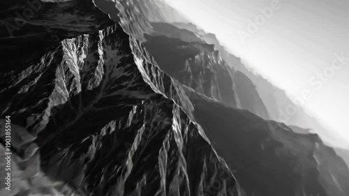 A high-angle view captures the majestic grandeur of a rugged mountain range, draped in a monochrome color palette. FPV drone perspective landscape animation