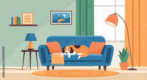 Cute cartoon beagle dog sleeping peacefully on a blue sofa in a cozy, modern living room with warm lighting and stylish furniture, a flat vector illustration