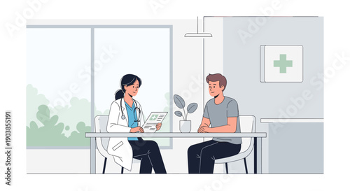 Female doctor in a white coat consulting a male patient at her desk in a modern clinic office, explaining test results from a medical chart during an appointment