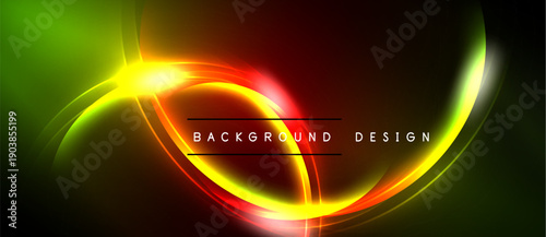 Abstract vibrant design features flowing curves, bright colors. Red, yellow, green gradients create dynamic visual effect. Dark background enhances luminosity.