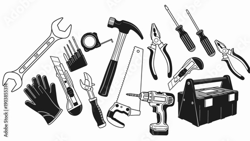 Hand tools set for home repair and construction, black and white vector icons.