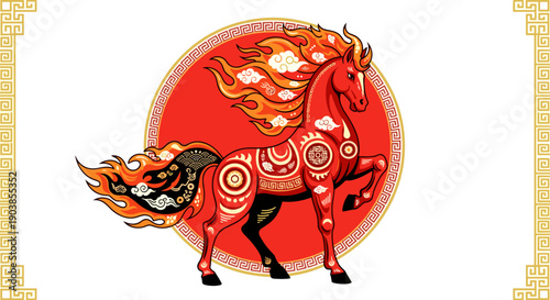 Stylized red horse with a fiery mane and tail, decorated with intricate traditional patterns, stands inside a red circle with a golden border on a white background