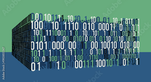 Three-dimensional block of binary code data in blue, green, and white recedes into the distance, creating an abstract technology illustration for concepts like computing and cybersecurity