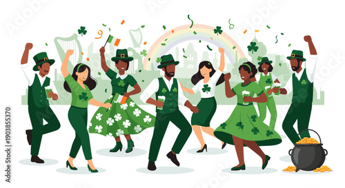 Group of diverse joyful people dancing at a St Patrick's Day parade, wearing green costumes with shamrocks, holding beer and flags under a rainbow with a pot of gold