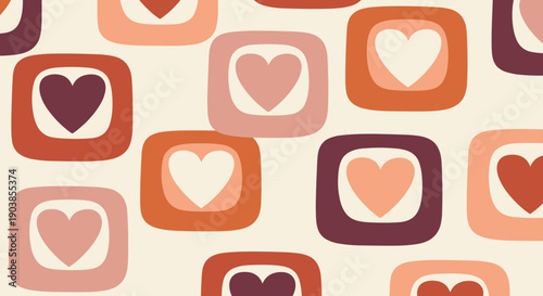 Retro seamless pattern with hand drawn hearts inside rounded squares in a warm 70s color palette, creating a groovy and romantic background for Valentine's day or nostalgic designs