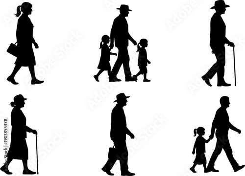 Silhouettes of people walking in various family and age groups