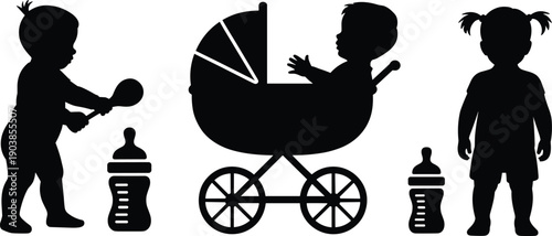 Set of Black Baby Silhouettes Featuring Toddler with Rattle Infant in Classic Stroller and Newborn Feeding Bottles Isolated on White Background for Parenting Maternity Designs