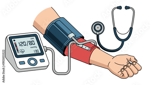 Digital blood pressure monitor on arm with stethoscope, medical checkup concept.
