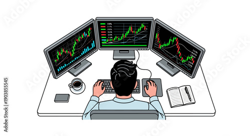 Stock market trader working with triple monitor setup showing candlestick charts and data.