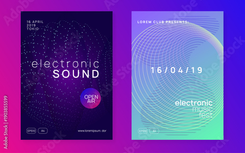 Fest Flyer. Party Set. Nightclub Radio Invitation. Night Club Festival Template. Pink Techno Event. Green Discotheque Background. Electro Vector. Blue Fest Flyer