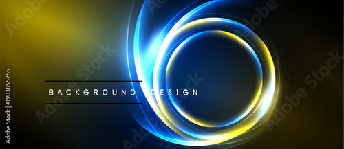 Abstract neon circles over dark backdrop. Yellow, blue gradients create dynamic visual effect. Modern design element for presentations.