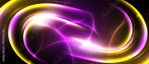 Bright abstract swirls, purple, gold hues dominate. Energetic lines create dynamic visual impact. Dark background emphasizes luminosity.