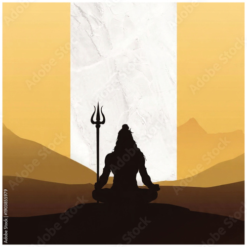Meditative Divinity: A silhouette of a meditating figure, symbolizing a spiritual and tranquil state, is poised against a backdrop of mountains and a symbolic aura