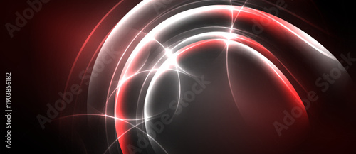 Abstract design features swirling light shapes, red, white hues. Dark background emphasizes bright energy, dynamic composition.