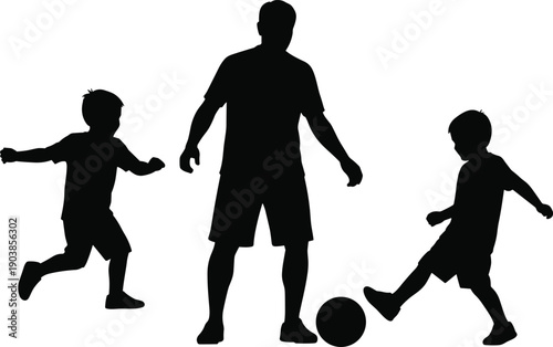 Family playing soccer silhouettes, adult and children with ball, recreational sports activity, black and white design, flat vector illustrationFamily playing soccer silhouettes, 