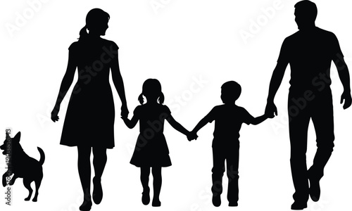 Family with dog silhouettes, unity togetherness, parents children pet, black and white design, companionship theme, flat vector illustration