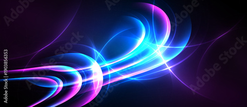 Abstract vibrant energy flows. Bright blue, purple hues create dynamic light patterns. Smooth curves suggest movement, depth.