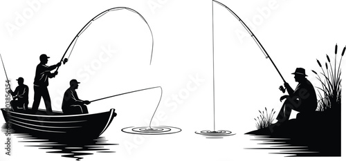 Fishing scenes illustration, boat and shore anglers, black and white sketch, recreational activity, peaceful nature design, flat vector art
