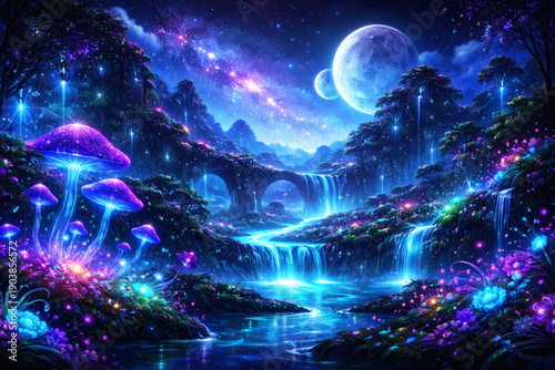 Starlight Cascade: A Luminescent Realm Under the Double Moon
