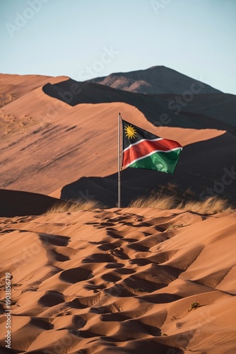Namibia National Day March 21 Independence Day Flag Waving Over Sossusvlei Red Sand Dunes Landscape For African Safari Business Travel