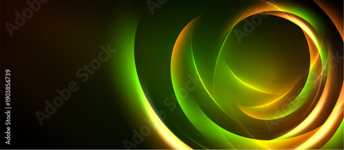 Abstract design features swirling luminous shapes. Green, yellow hues dominate dark background. Dynamic composition evokes energy, movement.