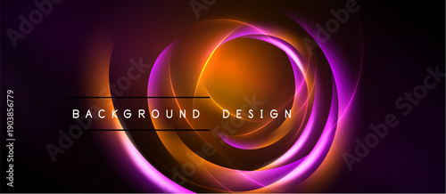 Abstract circular design. Vibrant purple, orange hues radiate from center. Dark background emphasizes glowing effect. Text reads background design.