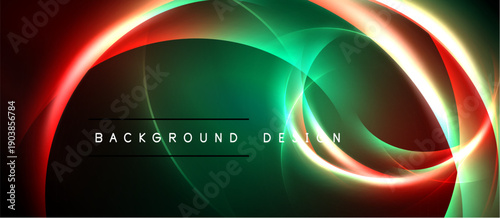 Abstract design features vibrant curves, glowing lines. Green dominates center, red edges create dynamic visual effect. Text reads background design.