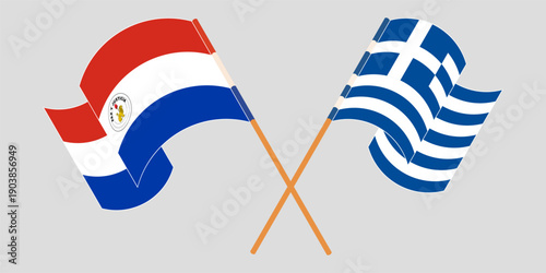 Crossed and waving flags of Republic of Paraguay and Greece. Vector illustration