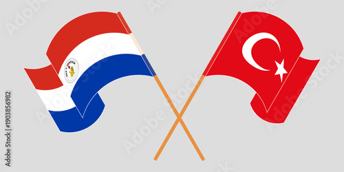 Crossed and waving flags of Republic of Paraguay and Turkiye. Vector illustration