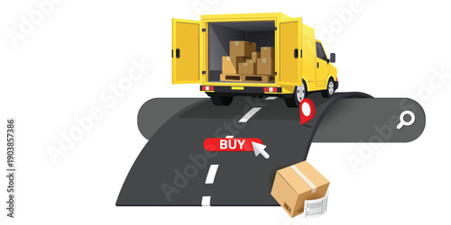 Online Shopping and Delivery Concept with Buy Button, Yellow Cargo Van Transporting Packages on Digital Road, E-commerce Logistics and Fast Shipping Illustration
