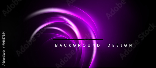 Dark background features vibrant purple swirling lines. Text reads background design centered below curves. Minimalist, modern aesthetic.