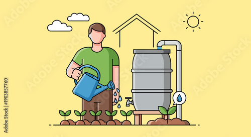 Man watering young plant seedlings with a blue watering can filled from a rainwater harvesting system, a flat design vector illustration about sustainability and gardening