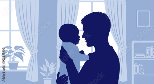 Tender silhouette illustration of a father holding his infant child, looking at each other with love in a blue monochromatic room interior with a bright window
