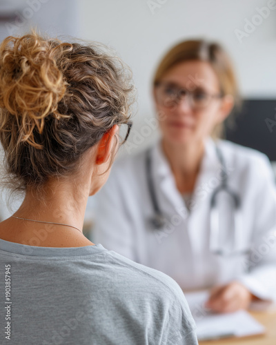 A woman is sitting in a doctor's office and talking to a doctor