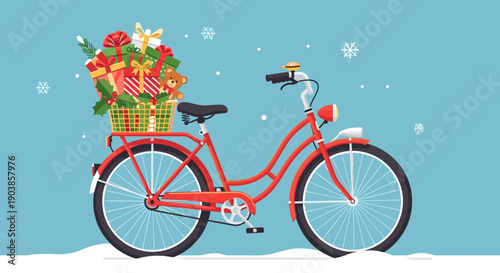 Red vintage bicycle with a basket full of Christmas gifts and a teddy bear stands in the snow under falling snowflakes on a blue background, flat vector illustration