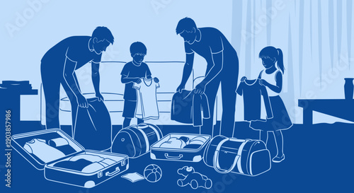 Two men and two children packing suitcases and bags on the floor, a blue monochromatic line art illustration of a family preparing for a vacation together in their home