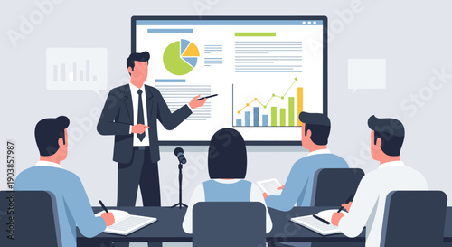 Businessman giving a corporate presentation with financial data charts and graphs on a digital screen to colleagues in a modern office meeting, flat vector illustration