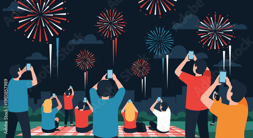 Crowd of diverse people from behind watching and filming a colorful fireworks display with smartphones at night, a flat vector illustration for a celebration concept