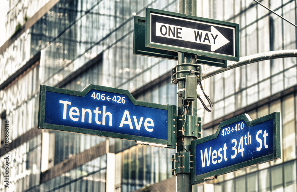 Obraz premium Urban photography of NYC 10th Ave and 34th St signage highlighting city navigation and streets